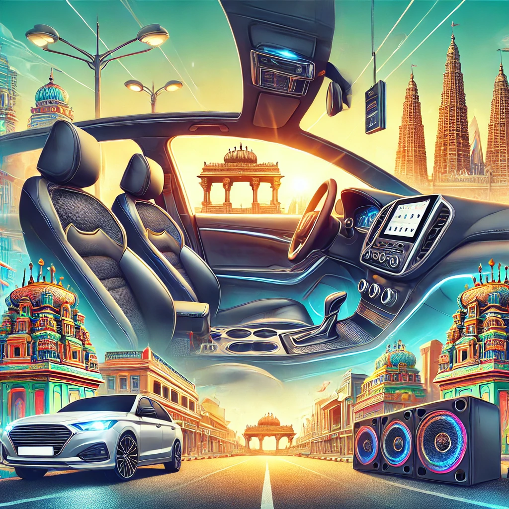 Best Car Accessories in Chennai DALL·E 2024 10 06 12.07.20 A professional image illustrating the benefits of upgrading car accessories in Chennai. The scene features a modern car parked on a vibrant street in